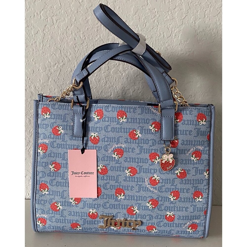 Juicy Couture Berry Sweet Tote Bag Dusty Blue Red Strawberry Logo W/Charm NEW